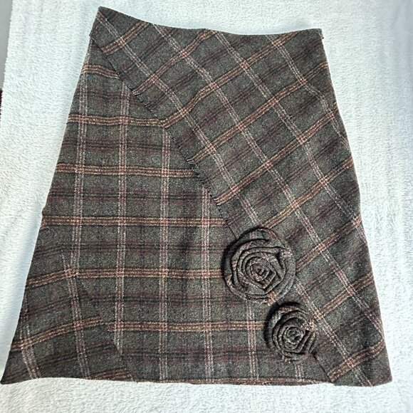 Kenzo Paris Womens Taupe Plaid Wool Blend Skirt Size 40 Flower Embossed Lined - Picture 1 of 10